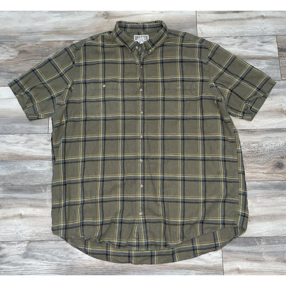 Duluth Mens Hemp Organic Cotton Shirt 2XLT Green Tattersall Short Sleeve Relaxed